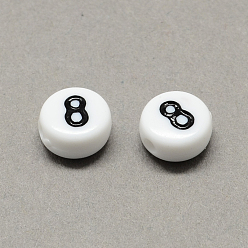 Number Acrylique blanc et noir, rond et plat avec num. 8, 7x4mm, trou: 1.3 mm, environ 3600 pcs / 500 g