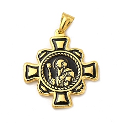 Golden Ion Plating(IP) 304 Stainless Steel Religion Big Pendants, Saint Benedict of Nursia Maltese Cross Charms, with Black Enamel, Golden, 40x36x3mm, Hole: 8.5x4mm