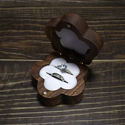 Saddle Brown Flower Wood Wedding Ring Storage Boxes with Velvet Inside, Wooden Couple Ring Gift Case with Magnetic Clasps, Saddle Brown, 7x3.6cm