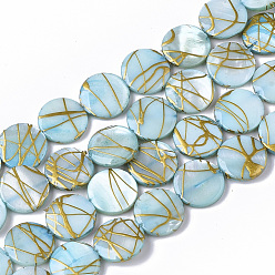Pale Turquoise Drawbench Freshwater Shell Beads Strands, Dyed, Flat Round, Pale Turquoise, 10.5~11.5x2~3mm, Hole: 1mm, about 32pcs/Strand, 14.17 inch~14.45 inch