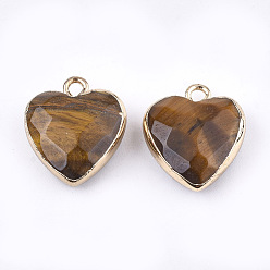 Tiger Eye Electroplate Natural Tiger Eye Pendants, with Cadmium Free & Nickel Free & Lead Free Iron Findings, Faceted, Heart, Golden, 16~17x14~15x6~7mm, Hole: 1.8mm