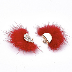 Rouge Décorations pendantes de pompon en fausse fourrure de vison, avec strass et les accessoires en alliage, fan, or, rouge, 24~28x29~34x8mm, Trou: 1.5mm