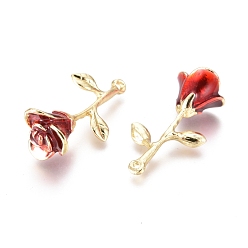 Rouge Pendentifs en alliage, avec l'émail, fleur rose, or, rouge, 27x14x9mm, Trou: 1.4mm