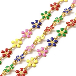 Mixed Color Ion Plating(IP) Handmade 316 Surgical Stainless Steel Enamel Link Chains, Soldered, Real 18K Gold Plated, with Spool, Flower, Mixed Color, 9.5x6x1mm
