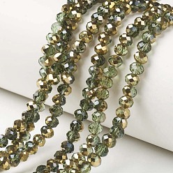 Dark Sea Green Electroplate Transparent Glass Beads Strands, Half Golden Plated, Faceted, Rondelle, Dark Sea Green, 4x3mm, Hole: 0.4mm, about 130pcs/strand, 16.54 inch(42cm)