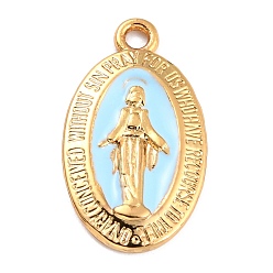 Light Cyan Golden Alloy Enamel Pendants, Long-Lasting Plated, Our Lady of the Miraculous Medal, Oval, Light Cyan, 21x12x1.5mm, Hole: 1.7mm