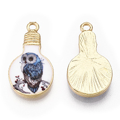 Owl Printed Alloy Enamel Pendants, Lead Free & Nickel Free & Cadmium Free, Light Gold, Light Bulb Charm, Owl Pattern, 22x12x2.5mm, Hole: 1.8mm