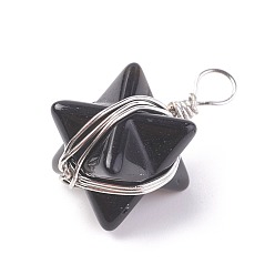 Black Agate Natural Black Agate Pendants, with Brass Findings, Merkaba Star, Platinum, 24~27x17x17mm, Hole: 3.5~4mm