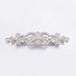 Real Platinum Plated Brass Micro Pave Cubic Zirconia Links, Clear, Long-Lasting Plated, Real Platinum Plated, Flower, 10x42x4mm, Hole: 1mm