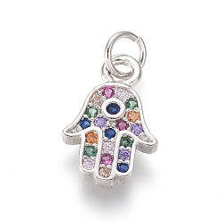 Platinum Brass Micro Pave Cubic Zirconia Charms, with Jump Rings, Hamsa Hand/Hand of Miriam, Colorful, Platinum, 11.5x7.5x1.5mm, Hole: 2.5mm
