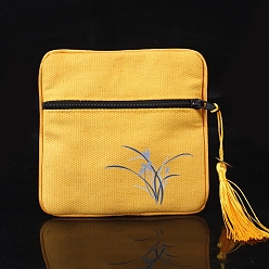 Золотистый Квадратные тканевые сумки с кисточками в китайском стиле, с застежкой-молнией, Для браслетов, Ожерелье, золотые, 11.5x11.5 см