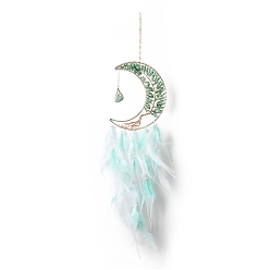 Aquamarine Natural Green Aventurine Chips Beaded Tree of Life Moon with Feather Pendant Decorations, with Iron Findings, for Garden Home Ornament, Aquamarine, 630mm