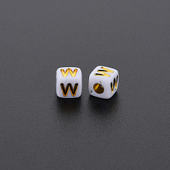 Letter W Opaque White Acrylic Beads, Metal Enlaced, Cube with Letters, Letter.W, 4.5mm, Hole: 2mm, about 5000pcs/500g