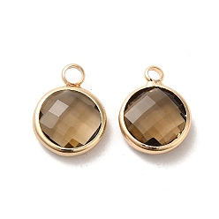 Tan Golden Tone Brass Glass Flat Round Charms, Faceted, Tan, 14x10.5x5mm, Hole: 1.5mm