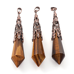 Tiger Eye Natural Tiger Eye Big Pointed Pendants, with Brass Bead Cap Bails, Bullet, Red Copper, 68~75x15~16mm, Hole: 8x5mm