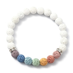 Blanc Bracelets extensibles en perles rondes en pierre de lave naturelle teinte, blanc, diamètre intérieur: 2-1/8 pouce (5.3 cm)