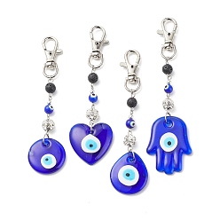 Mixed Shapes Handmade Lampwork Evil Eye Pendant Decoration, Natural Lava Rock Round Bead & Lobster Clasp Charms, for Keychain, Purse, Backpack Ornament, Mixed Shapes, 121~141mm