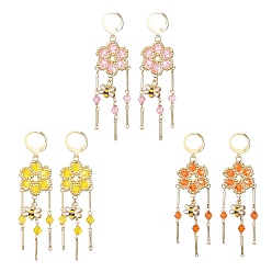 Mixed Color Glass Flower & Alloy Enamel Bee Chandelier Earrings, Golden 304 Stainless Steel Tassel Earrings, Mixed Color, 66x20mm