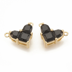 Black Brass Cubic Zirconia Charms, Nickel Free, Real 18K Gold Plated, Heart, Black, 9.5x12x4.5mm, Hole: 1mm