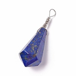 Lapis Lazuli Naturelles lapis-lazuli pendentifs, avec les accessoires en laiton, cône, platine, 44~46x14~15mm, Trou: 4mm
