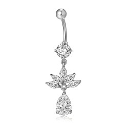 Clear Piercing Jewelry, Brass Cubic Zirciona Navel Ring, Belly Rings, with 304 Stainless Steel Bar, Lead Free & Cadmium Free, teardrop, Clear, 45.5mm, Pendant: 23.5x16mm, Bar: 14 Gauge(1.6mm), Bar Length: 3/8"(10mm)