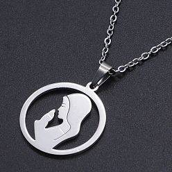 Stainless Steel Color 201 Stainless Steel Pendants Necklaces, with Cable Chains and Lobster Claw Clasps, Flat Round with Woman, Stainless Steel Color, 17.71 inch(45cm), 1.5mm