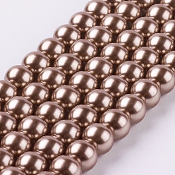 Brun Saddle Brins de perles rondes en verre teinté écologique, Grade a, cordon en coton fileté, selle marron, 8mm, Trou: 0.7~1.1mm, Environ 52 pcs/chapelet, 15 pouce