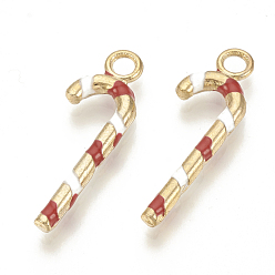 Red Alloy Enamel Pendants, Cadmium Free & Lead Free, Candy Cane, Light Gold, Red, 26x9x2.5mm, Hole: 2mm