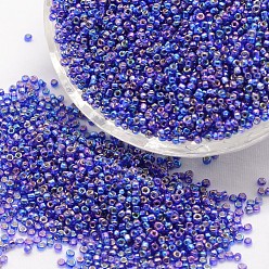 Blue 8/0 Round Glass Seed Beads, Grade A, Silver Lined Square Hole, Transparent Colours Rainbow, Blue, 2.8~3.2mm, Hole: 1.0mm, about 15000pcs/pound