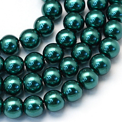 Teal Baking Painted Pearlized Glass Pearl Round Bead Strands, Teal, 8~9mm, Hole: 1mm, about 105pcs/strand, 31.4 inch