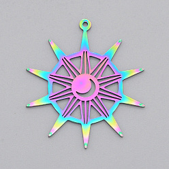 Rainbow Color Ion Plating(IP) 201 Stainless Steel Pendants, Laser Cut, Sun with Moon, Rainbow Color, 33.5x30x1mm, Hole: 1.4mm