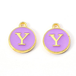 Letter Y Golden Plated Alloy Enamel Charms, Enamelled Sequins, Flat Round with Letter, Medium Purple, Letter.Y, 14x12x2mm, Hole: 1.5mm