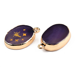 Púrpura Colgantes naturales ágata, con borde de latón chapado en oro claro y trabillas de iorn, polvo de oro, teñido y climatizada, colgante ovalado con estrella, púrpura, 23~24x15~16.5x4~6.5 mm, agujero: 1.6 mm