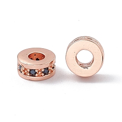 Rose Gold Brass Spacer Beads, with Jet Rhinestone, Flat Round, Rose Gold, 7x3~3.7mm, Hole: 3.4mm