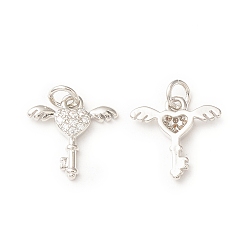 Platinum Brass Micro Pave Cubic Zirconia Charms, with Jump Ring, Key with Wing Charm, Platinum, 13x13x2.2mm, Hole: 3mm