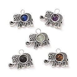Mixed Stone Natural Mixed Stone Pendants, Elephant Charm, with Antique Silver Tone Alloy Findings, 14.5x18x4.5mm, Hole: 2mm
