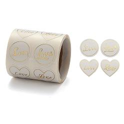 White Heart and Flat Round with Word Love Valentine's Stickers Self Adhesive Tag Labels, Decorative Stickers, for Wedding Valentine's Supplies, White, 25mm, 25x25mm, 300pcs/roll
