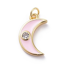 Pink Cubic Zirconia Charms, with Brass Findings and Enamel, Moon, Golden, Pink, 15x9x2mm, Hole: 1.8mm