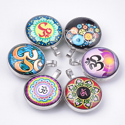 Mixed Color Glass Pendants, with Zinc Alloy Cabochon Settings, Flat Round with Om Symbol, Platinum, Mixed Color, 35x27x14mm, Hole: 3x6mm