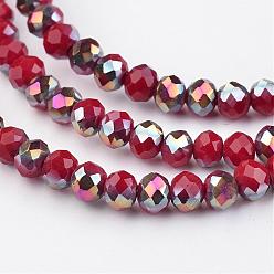 Dark Red Electroplate Glass Beads Strands,  Half Plated, Faceted Rondelle, Dark Red, 8x6mm, Hole: 1mm, about 72pcs/strand, 15.7 inch