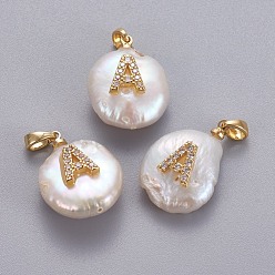 Letter A Natural Cultured Freshwater Pearl Pendants, with Brass Micro Pave Cubic Zirconia Findings, Nuggets with Letter, Long-Lasting Plated, Golden, Clear, Letter.A, 17~27x12~16x6~12mm, Hole: 4x2.5mm