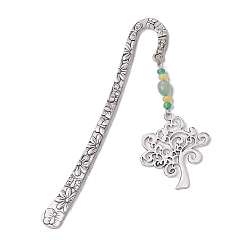 Antique Silver Natural Malaysia Jade & Green Aventurine Beaded Pendant Bookmarks with Alloy Tree of Life, Flower Pattern Hook Bookmarks, Antique Silver, 123.5x21x2.5mm, Pendant: 67.5x37x5.5mm