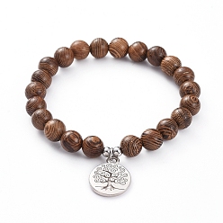 Antique Silver & Stainless Steel Color Unisex Wood Beads Stretch Charm Bracelets, with 304 Stainless Steel Beads and Tibetan Style Alloy Pendants, Flat Round with Tree, Antique Silver & Stainless Steel Color, 2-3/8 inch(6cm)
