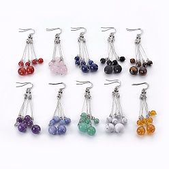 Mixed Stone Natural Gemstone Dangle Earrings Sets, with 304 Stainless Steel Earring Hooks and Iron Eye Pins, Round, Stainless Steel Color, 77~78mm, Pendant: 57x58mm, Pin: 0.6mm, 10pairs/set