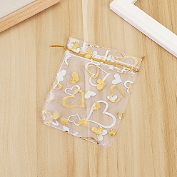 Clear Rectangle Organza Drawstring Gift Bags, Gold Stamping Heart Pouches for Wedding Party Gift Storage, Clear, 12x9cm
