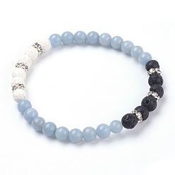 Angelite Natural Angelite Stretch Bracelets, with Dyed Natural Lava Rock(Dyed) Beads and Rhinestone Spacer Beads, 2-1/8 inch(5.5cm)