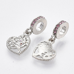 Platinum Alloy European Dangle Charms, with Rhinestone and Enamel, Large Hole Pendants, Heart with Tree, Platinum, 27mm, Hole: 5mm, Heart: 15x13x2mm