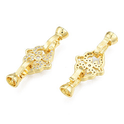Real 18K Gold Plated Brass Micro Pave Clear Cubic Zirconia Fold Over Clasps, Nickel Free, Flower, Real 18K Gold Plated, Flower: 17x14.5x3mm, Clasp: 13x7x6.5mm, Inner Diameter: 4mm