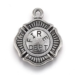 Antique Silver Tibetan Style Alloy Pendants, Firefighter, Flat Round with Word Fire Dept, Antique Silver, 22x18x2mm, Hole: 2mm, 95~100pcs/Bag