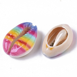Colorido Cuentas de concha de cauri natural impresas, sin agujero / sin perforar, estilo del arco iris, colorido, 18~21x12~15x7 mm